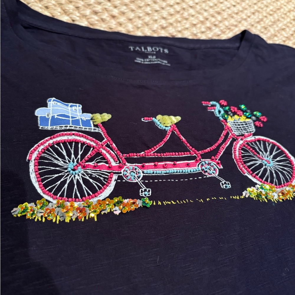Talbots cotton beaded bike graphic navy t shirt cotton XLP